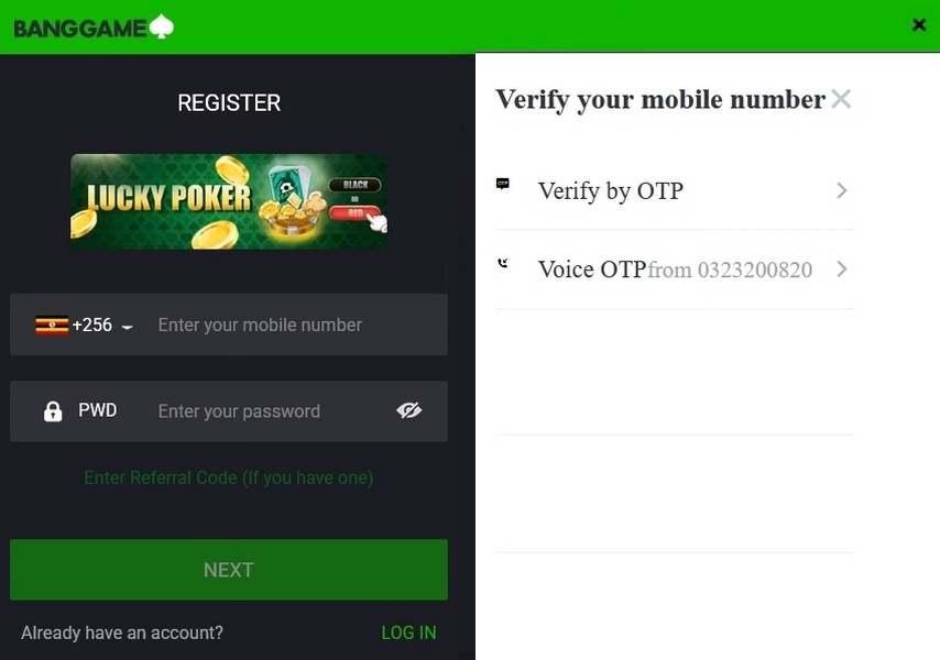 Registration in Bang Casino